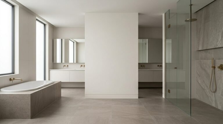 Salle de bain moderne avec carrelage et sanitaires, showroom Assam Céramique Tazmalt