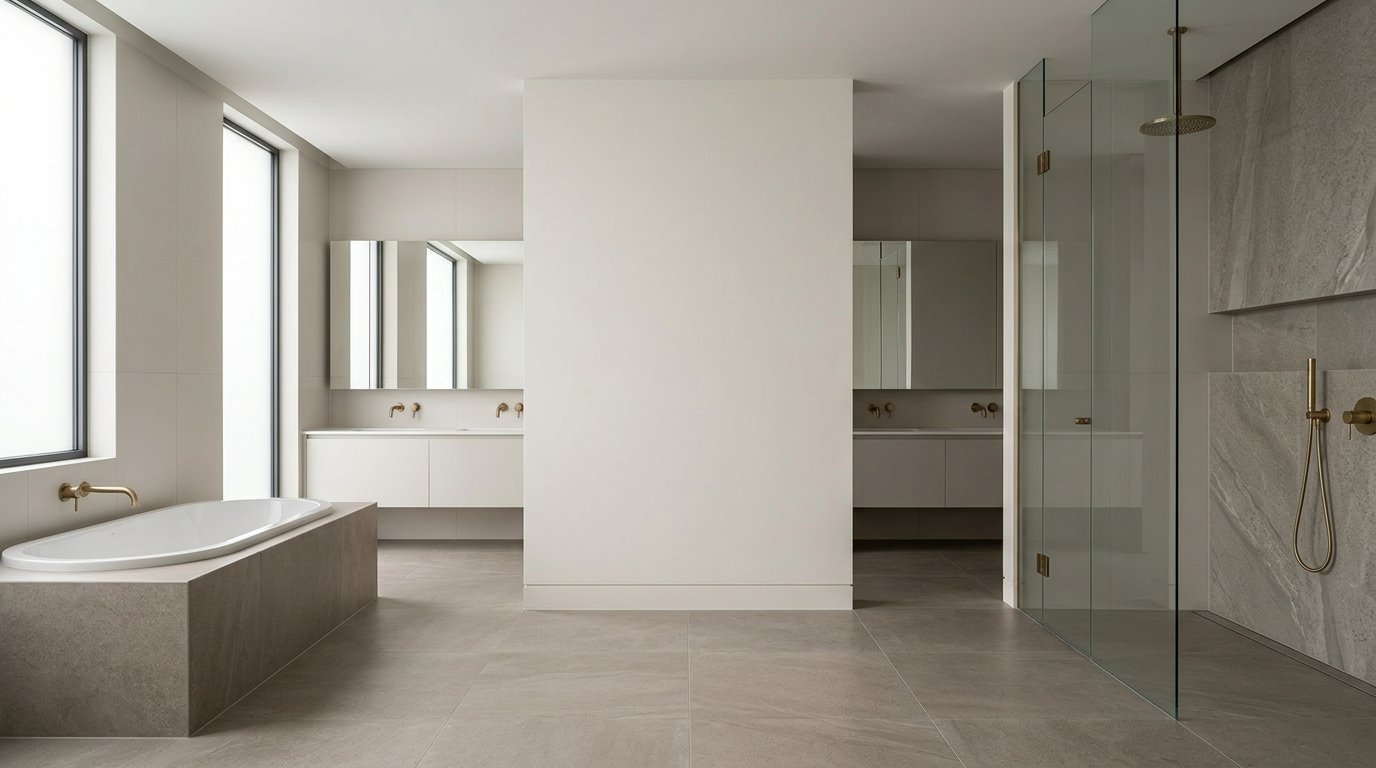 Salle de bain moderne avec carrelage et sanitaires, showroom Assam Céramique Tazmalt