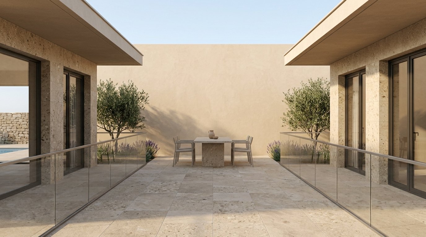 Façade et terrasse en pierre naturelle, showroom Assam Céramique Tazmalt